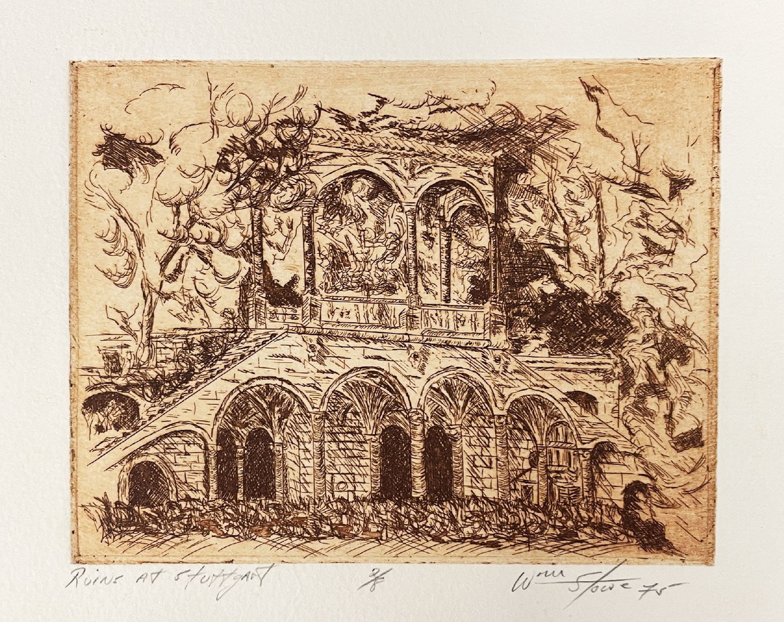 Wim Stowe - Ruins at Stuttgart: Artist: Wim Stowe Title: Ruins at Stuttgart Year: 1975 Dimensions: 5 1/4 x 7 1/2 in. Edition: From the rare limited edition of 8 Medium: Original etching on paper Condition: Excellent Signature