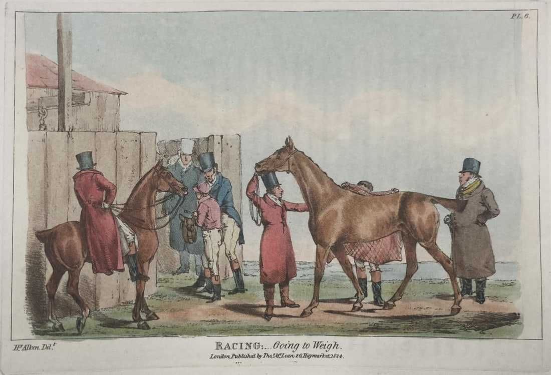 Henry Alken - Racing Going to Weigh: Artist: Henry Alken Title: Racing Going to Weigh Year: 1825 Dimensions: 10in. by 14. Edition: From the Rare Limited Edition Publisher: Howlett and Brimmer Suite: The National Sports of Great Britain