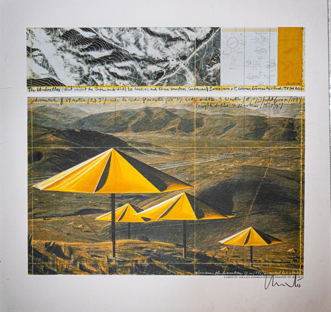Christo - The Umbrellas (Los Angeles): Artist: Christo Title: The Umbrellas (Los Angeles) Year: 1991 Dimensions: 19.25in. by 20in. Edition: From the Rare Limited Edition Publisher: Christo and Nouvelle Images SA Medium: Offset Lithograph