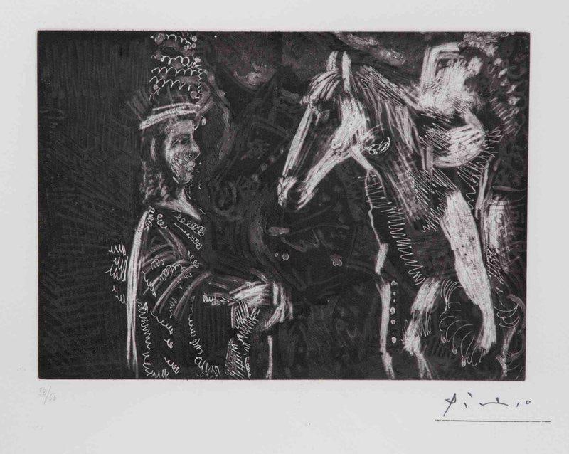 Pablo Picasso - Vieil homme et femme penchee sur l encolure de son cheval: Artist: Pablo Picasso Title: Vieil homme et femme penchee sur l encolure de son cheval Year: 1970 Dimensions: 9 4/5in. by 13 3/10in. Edition: Numbered from the Rare Limited Edition of 50 Medium: