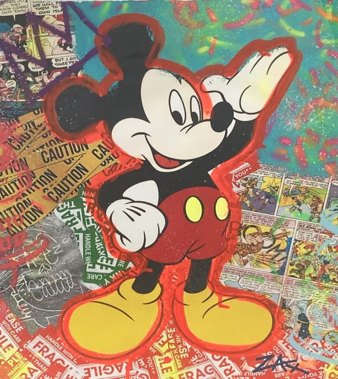 E.M Zax - Mickey: Artist: E.M Zax Title: Mickey Year: 2021 Dimensions: 17in. by 12in. Edition: Unique One of a Kind Artwork Medium: Mixed Media on Paper Condition: Excellent Signature Details: Hand Singed by Zax Comes