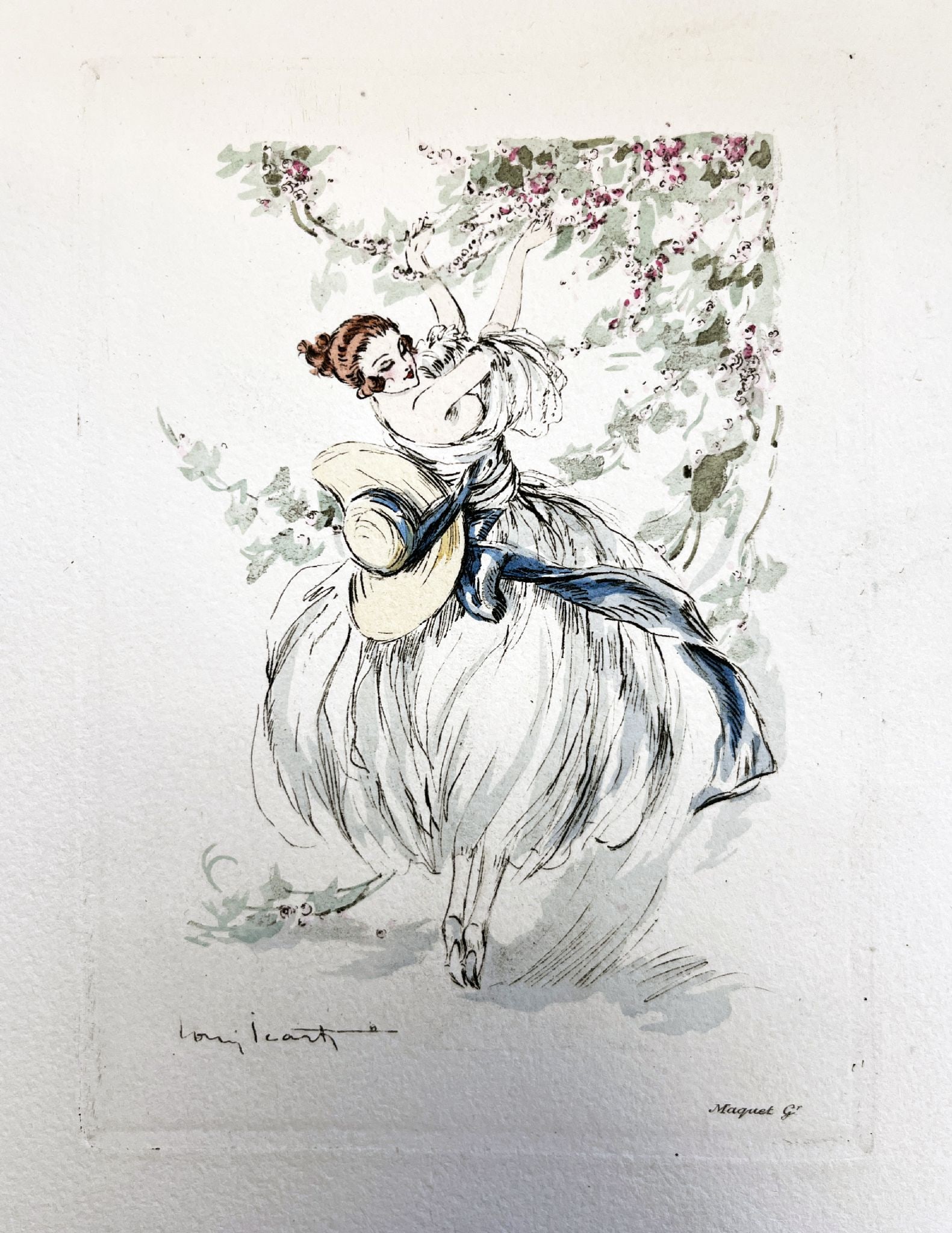 Louis Icart - The Picking Tree: Artist: Louis Icart Title: The Picking Tree Dimensions: 5 3/4 x 7 1/2 in. Edition: From the rare limited edition Medium: Original copperplate etching on paper Condition: Excellent Signature Details: