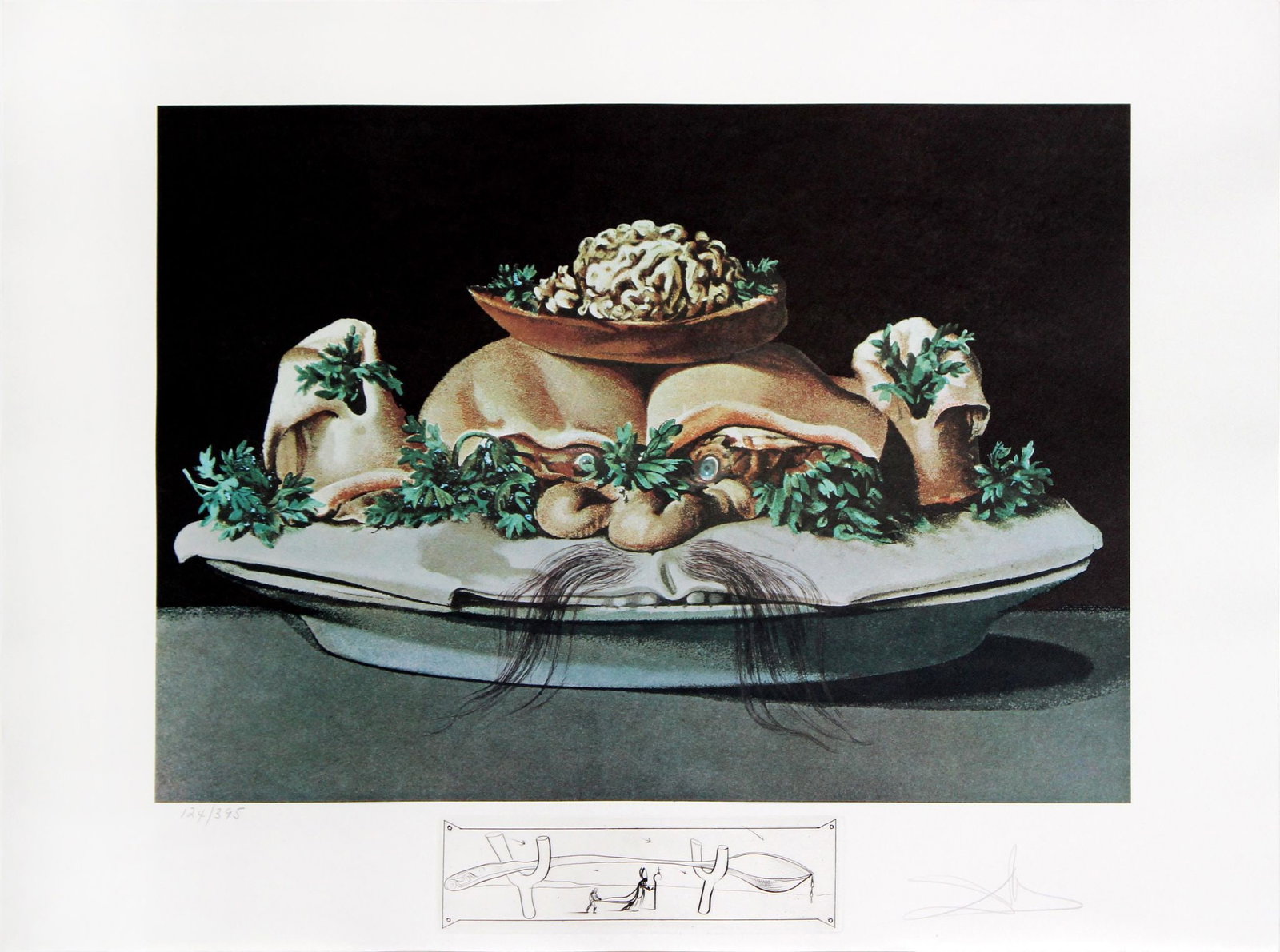 Salvador Dali - Supremes of Lilliputian Malaises: Artist: Salvador Dali Title: Supremes of Lilliputian Malaises Year: 1977 Dimensions: 22 x 29 1/2 in. Edition: Artist's Proof edition of 50 Suite: Les Diners de Gala Medium: Color lithograph on Rives