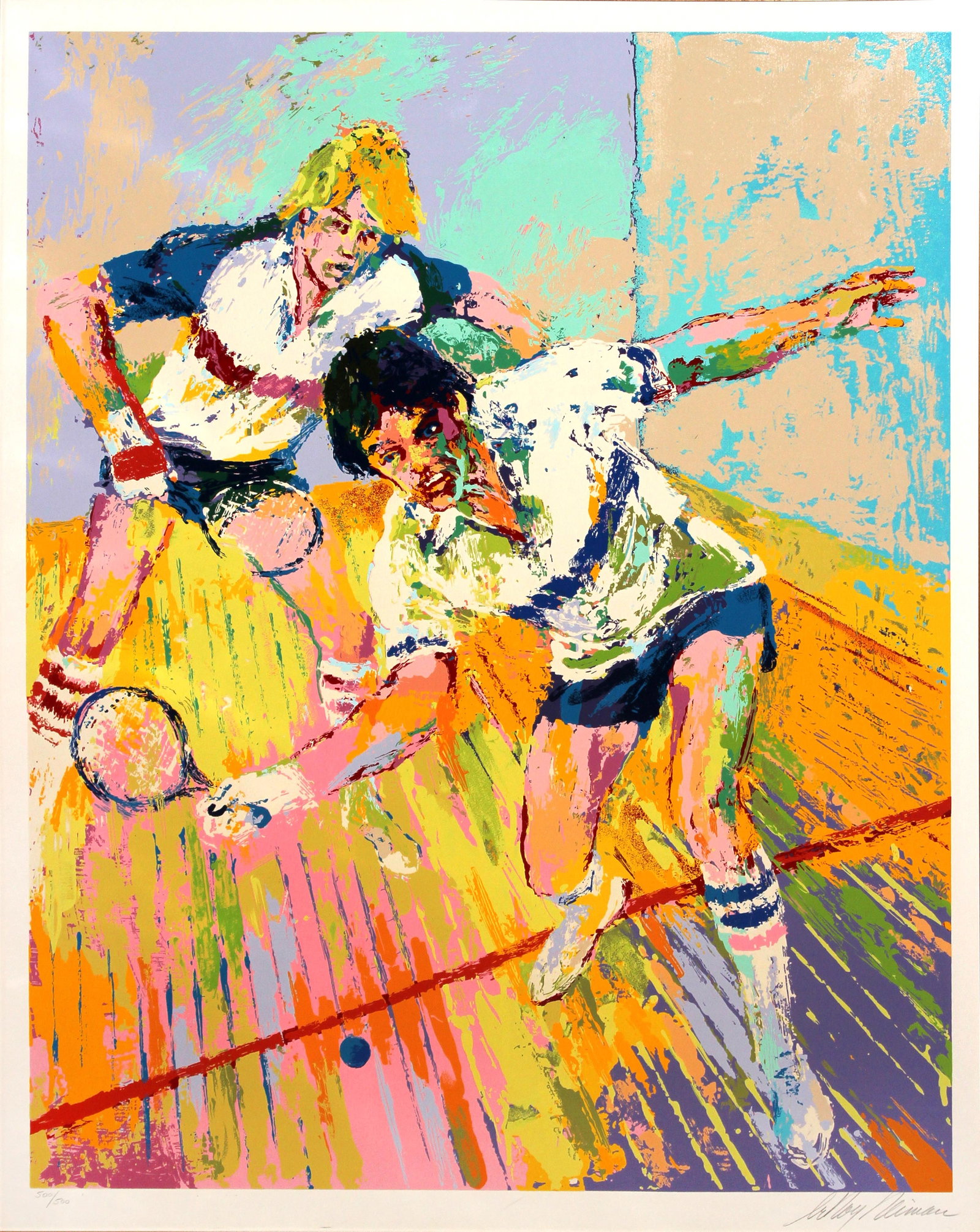 Leroy Neiman - Racquetball, 1981 World Championship: Artist: Leroy Neiman Title: Racquetball, 1981 World Championship Year: 1981 Dimensions: 37 x 29 1/2 in. Edition: 500 from the limited edition of 500 Medium: Original serigraph on paper Condition: