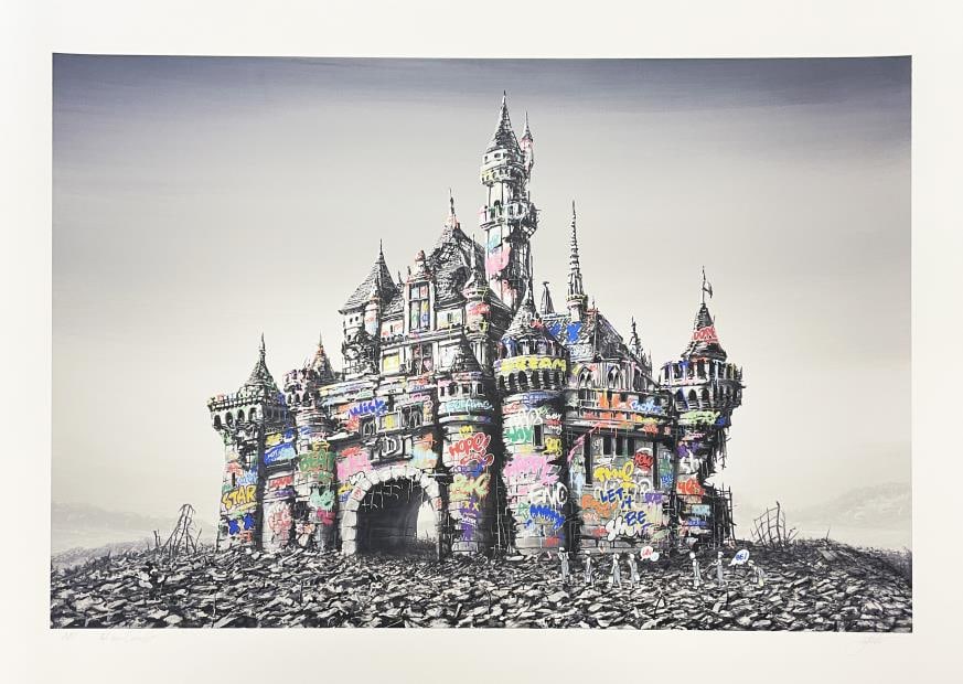Jeff Gillette x Roamcouch - Ruined Dismaland Cinderella's Mice (Hand Embellished): Artist: Jeff Gillette x Roamcouch Title: Ruined Dismaland Cinderella's Mice (Hand Embellished) Year: 2022 Dimensions: 34in. by 24in. Edition: Numbered from the Rare Limited AP Edition Medium: Gicl?e