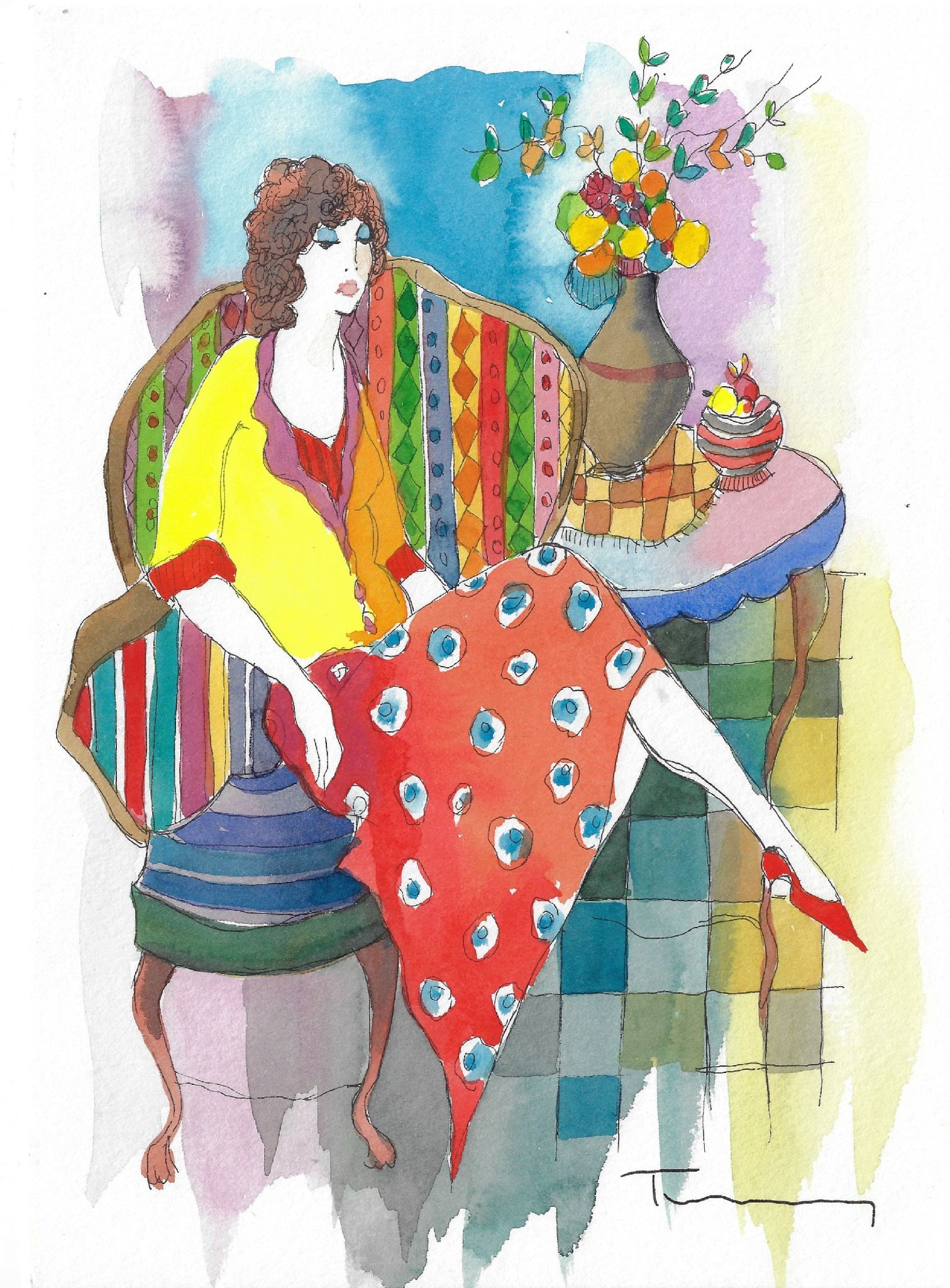 Itzchak Tarkay - Untitled: Artist: Itzchak Tarkay Title: Untitled Dimensions: 10 7/8 x 7 7/8 in. Edition: Original work of art Medium: Mixed media with watercolor on wove paper Condition: Excellent Signature Details: Signed in