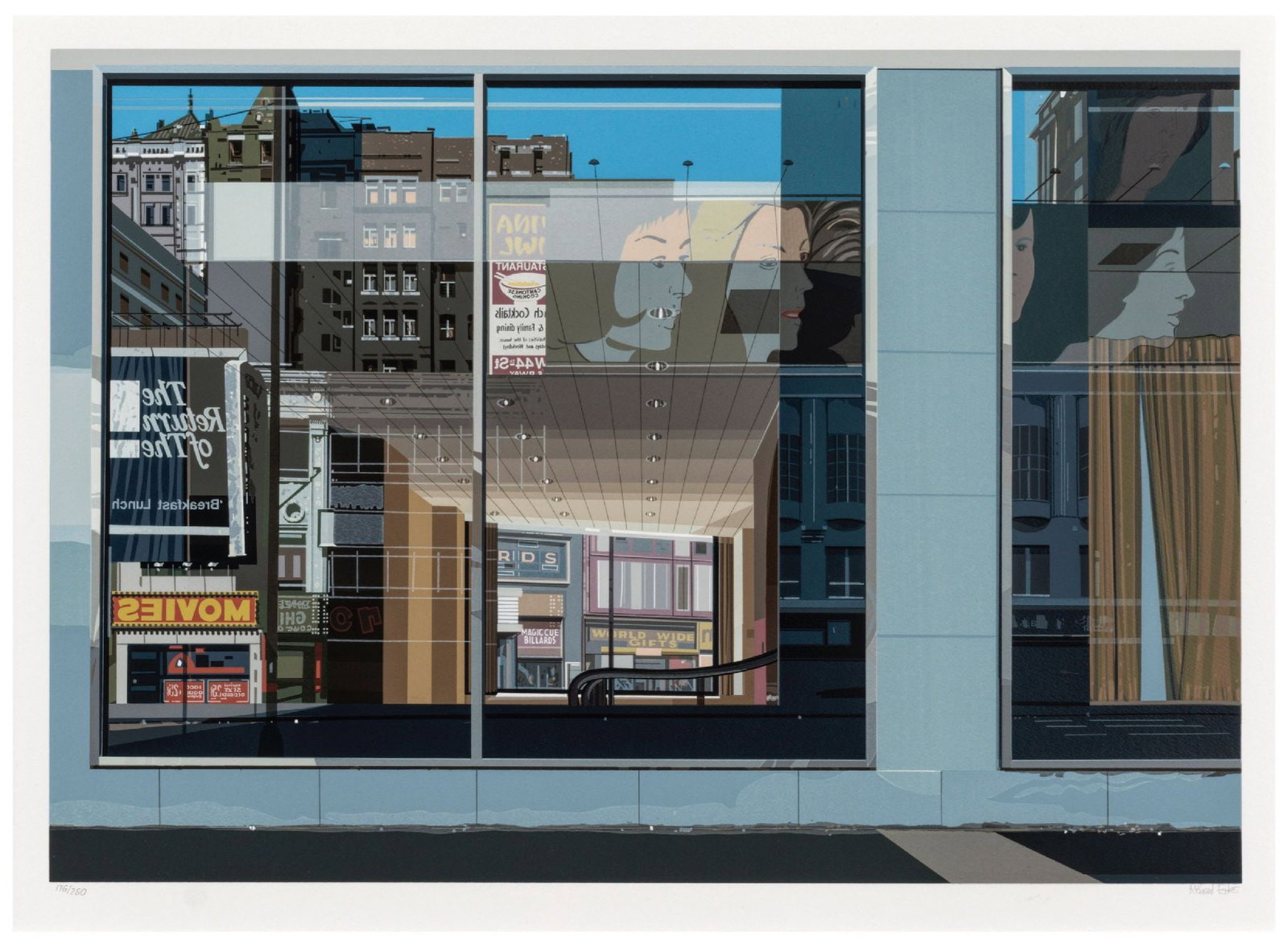 Richard Estes - Movies: Artist: Richard Estes Title: Movies Year: 1981 Dimensions: 19 5/8 x 27 1/2 in. Edition: 176 from the limited edition of 250 Publisher: Parasol Press Ltd., New York Suite: Urban Landscapes III Medium: