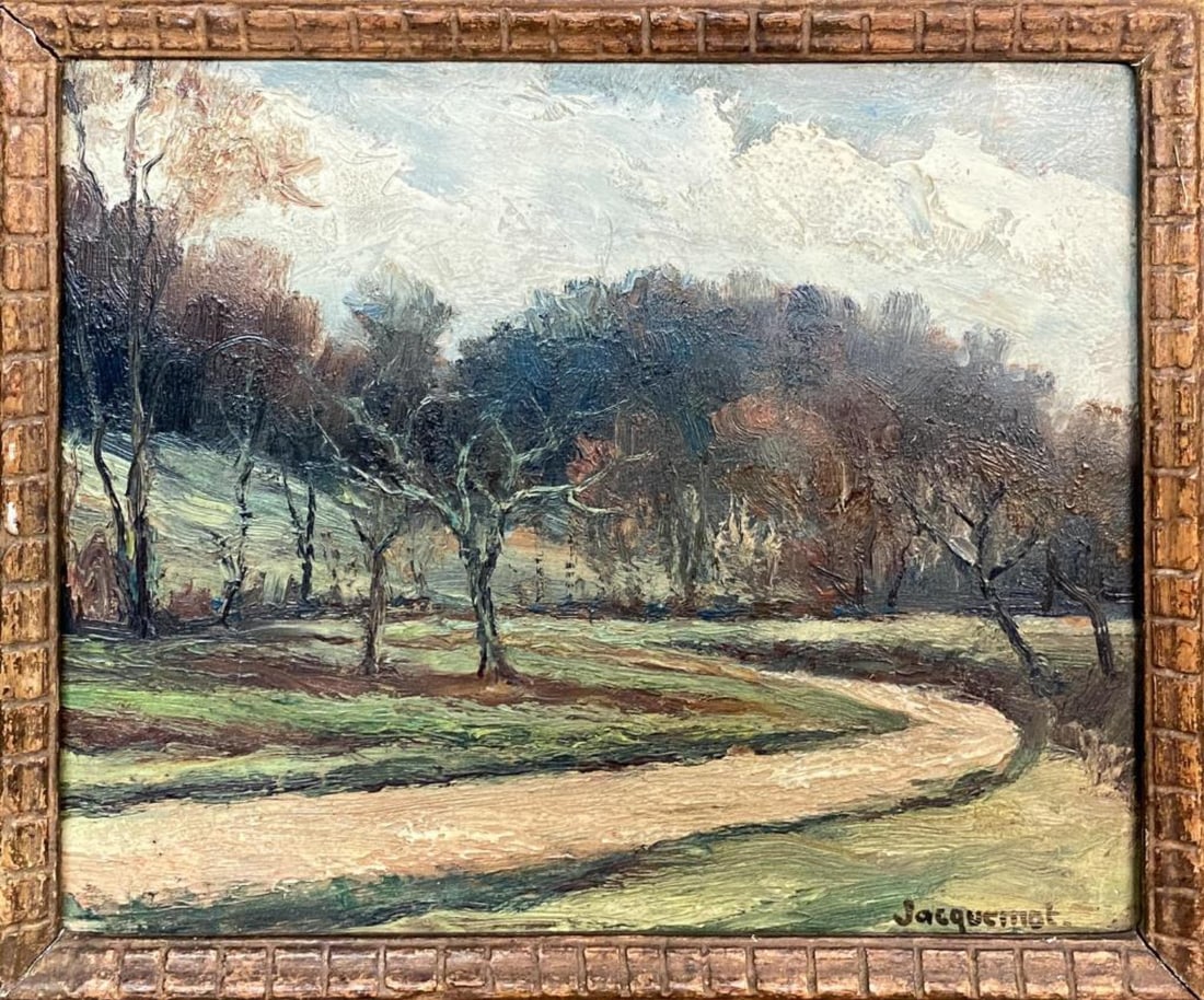 Charles Jacquemot - Autumn Trees: Artist: Charles Jacquemot Title: Autumn Trees Dimensions: 10in. by 8in. Edition: Rare One-of-a-kind Painting Medium: Original Oil Painting on Wood Condition: Excellent Signature Details: Hand signed