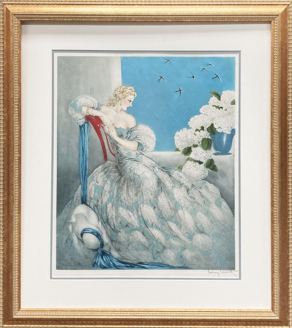 Louis Icart - Symphony in Blue: Artist: Louis Icart Title: Symphony in Blue Year: 1936 Dimensions: 22 5/8in. by 18 7/8in. Edition: From the rare limited edition Medium: Original soft ground etching with hand watercoloring on paper