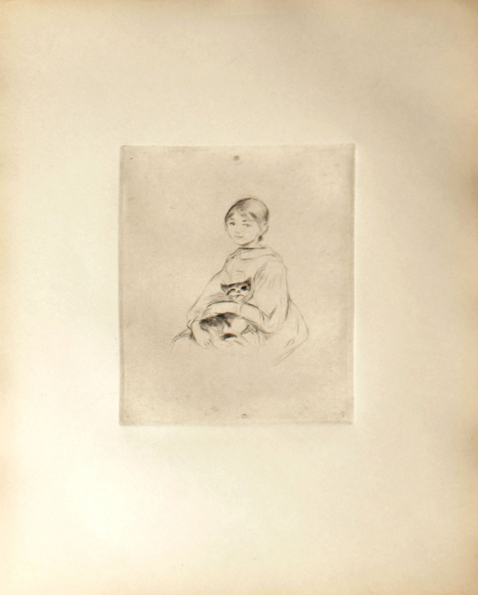 Berthe Morisot - Fillette au Chat: Artist: Berthe Morisot Title: Fillette au Chat Year: 1889 Dimensions: 7 1/2 x 5 1/2 in. Edition: From the limited edition Medium: Original drypoint etching on paper Condition: Excellent Comes with
