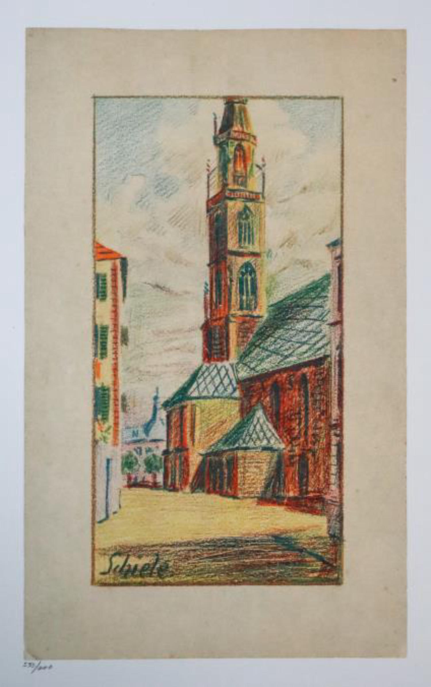 Egon Schiele (After) - Church of Bozen: Artist: Egon Schiele (After) Title: Church of Bozen Year: 1906 Dimensions: 10in. by 6in. Edition: From the Rare Limited Edition of 600 Medium: Original Lithograph in Colors on Paper Condition: