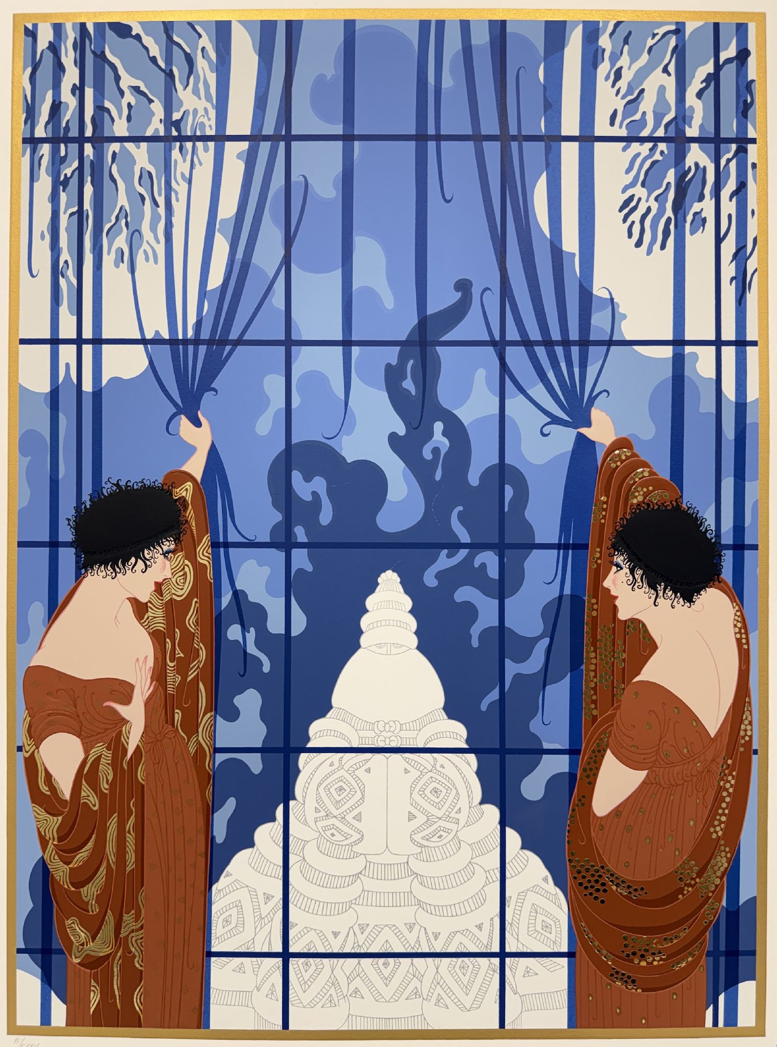 Erte - Winter's Arrival: Artist: Erte Title: Winter's Arrival Year: 1984 Dimensions: 33 x 28 1/2 in. Edition: from the limited edition of CXXV Publisher: Chalk & Vermilion Fine Arts, Ltd. Medium: Serigraph in colors with