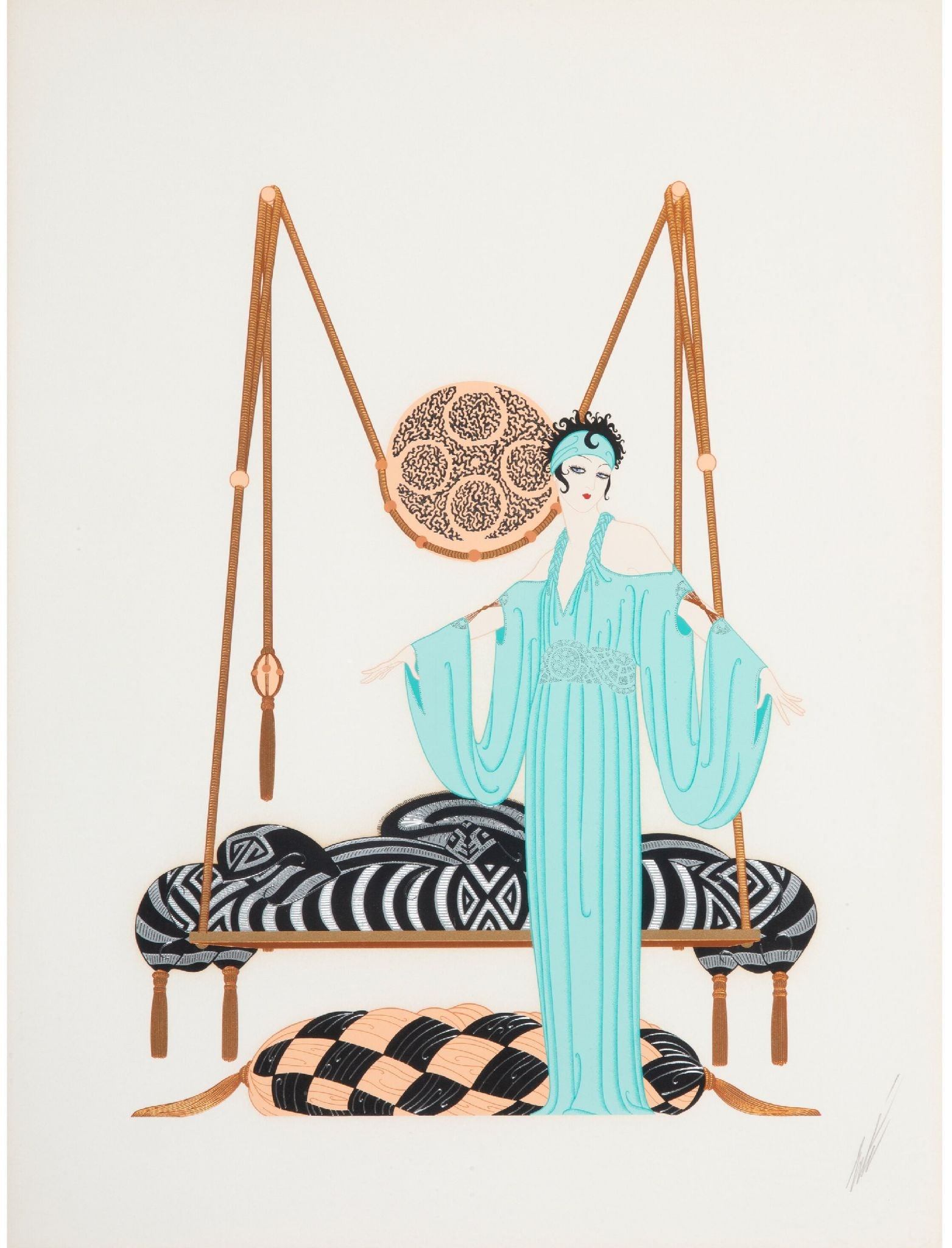 Erte - Pillow Swing: Artist: Erte Title: Pillow Swing Year: 1985 Dimensions: 28 3/4 x 21 in. Edition: from the limited edition of CL Publisher: Chalk & Vermilion Fine Arts, Ltd. Medium: Serigraph in colors with foil