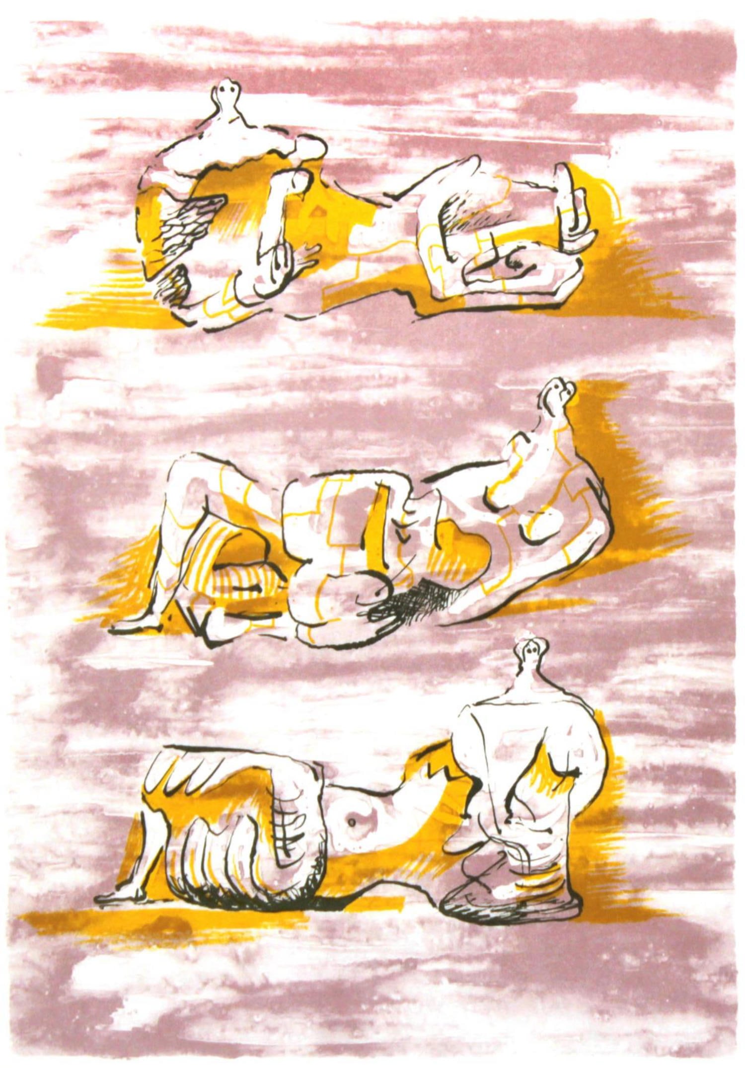 Henry Moore - Three Reclining Figures: Artist: Henry Moore Title: Three Reclining Figures Year: 1976 Dimensions: 9 1/2in. by 12in. Edition: From the limited edition Suite: La Poesie Medium: Original color lithograph on paper Condition: