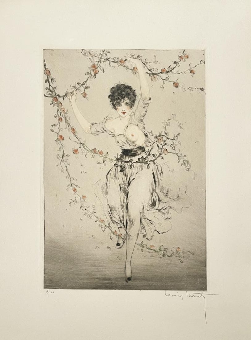 Louis Icart - Spring Again: Artist: Louis Icart Title: Spring Again Year: 1919 Dimensions: 12.25in. by 16.75in. Edition: From the rare limited edition of 100 Medium: Original drypoint etching with hand watercoloring on paper