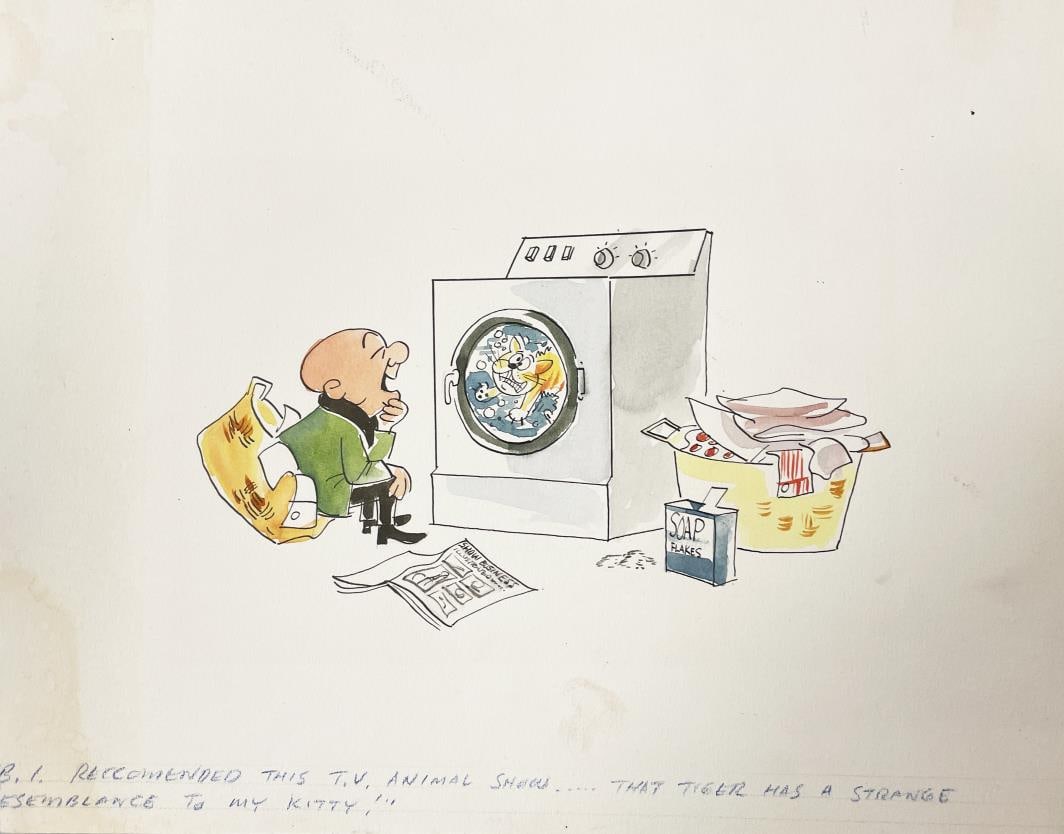 UPA Pictures Inc. - Mr. Magoo Looks at a TV Animal Show: Artist: UPA Pictures Inc. Title: Mr. Magoo Looks at a TV Animal Show Year: 1961 Dimensions: 12 1/2in. by 10in. Edition: Unique One of a Kind Artwork Medium: Original Watercolor on Illustration Board