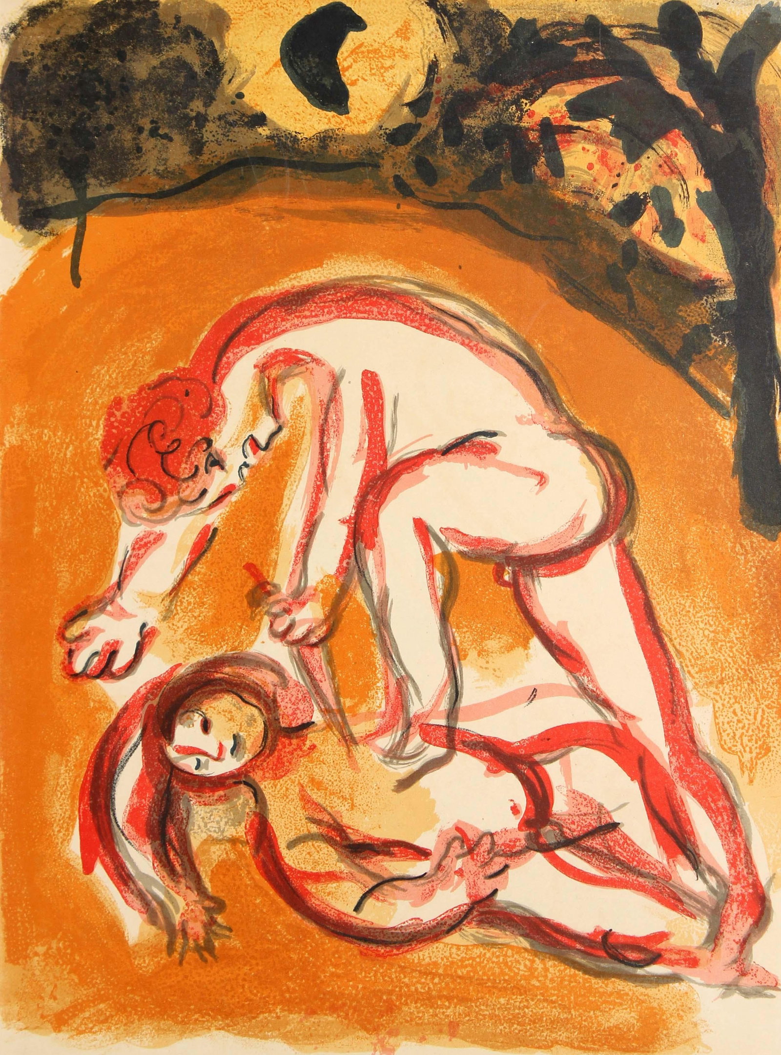 Marc Chagall - Cain and Abel: Artist: Marc Chagall Title: Cain and Abel Year: 1956 Dimensions: 10in. by 14in. Edition: From the rare limited edition Publisher: Editions de la Revue VERVE Paris Suite: The Bible Medium: Color