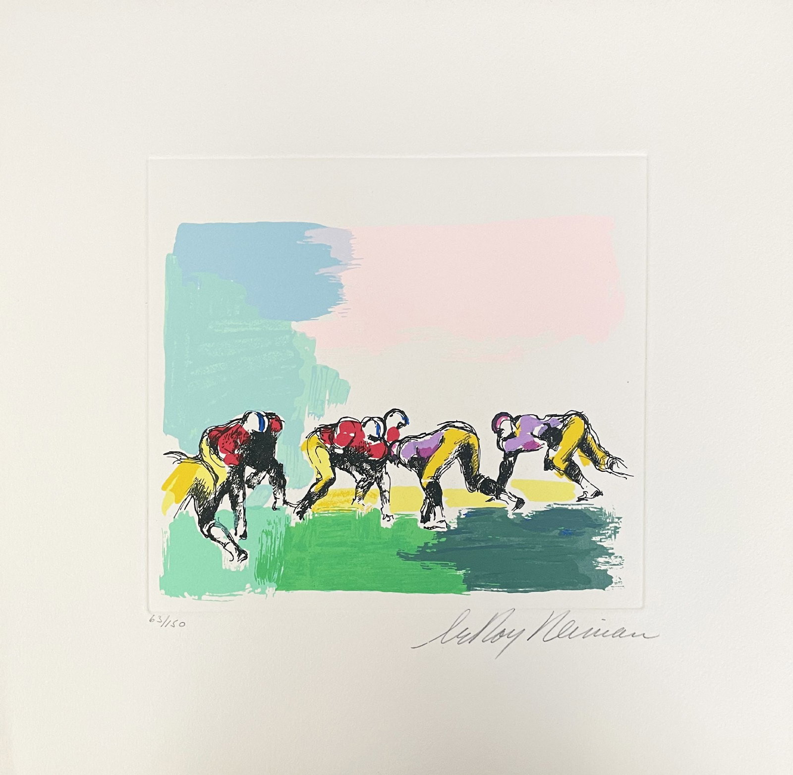 Leroy Neiman - Football 4: Artist: Leroy Neiman Title: Football 4Football 4 Year: 1972 Dimensions: 12 3/4 x 13 1/2 in. Edition: From the rare limited edition of 150 Medium: Original lithograph on paper serigraph in colors on