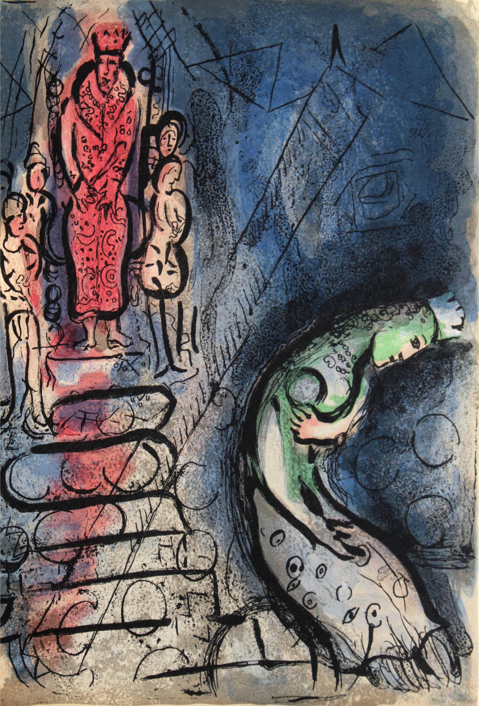 Marc Chagall - Ahasuerus Sends Vashti Away: Artist: Marc Chagall Title: Ahasuerus Sends Vashti Away Year: 1956 Dimensions: 10in. by 14in. Edition: From the rare limited edition Publisher: Editions de la Revue VERVE Paris Suite: The Bible