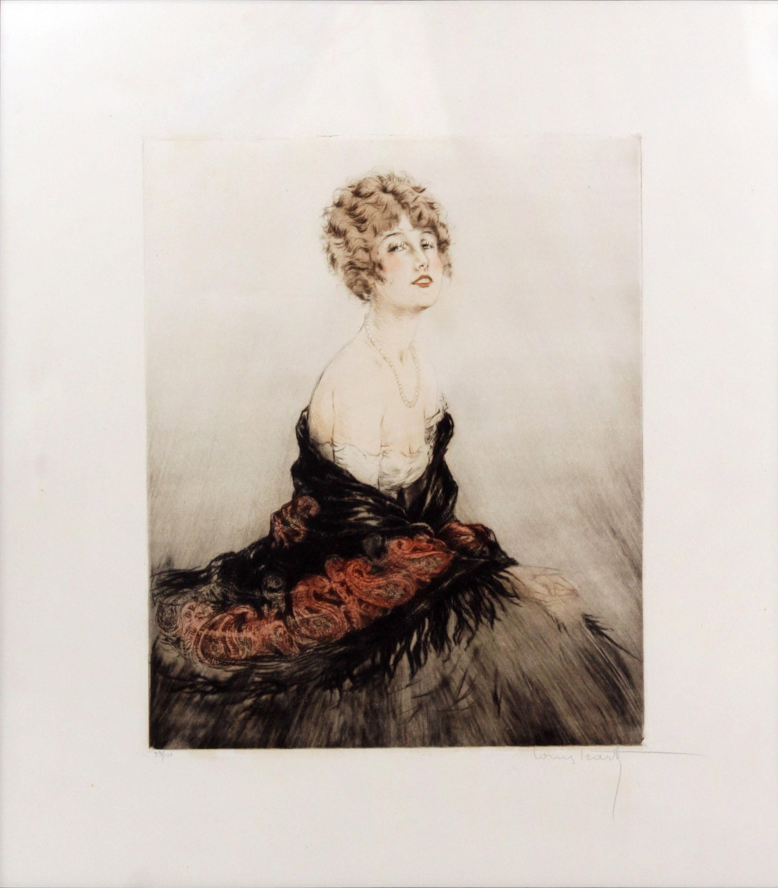 Louis Icart - Feathered Shawl: Artist: Louis Icart Title: Feathered Shawl Year: 1923 Dimensions: 14 1/4in. by 11 1/2in. Edition: From the rare limited edition Medium: Original drypoint etchin
