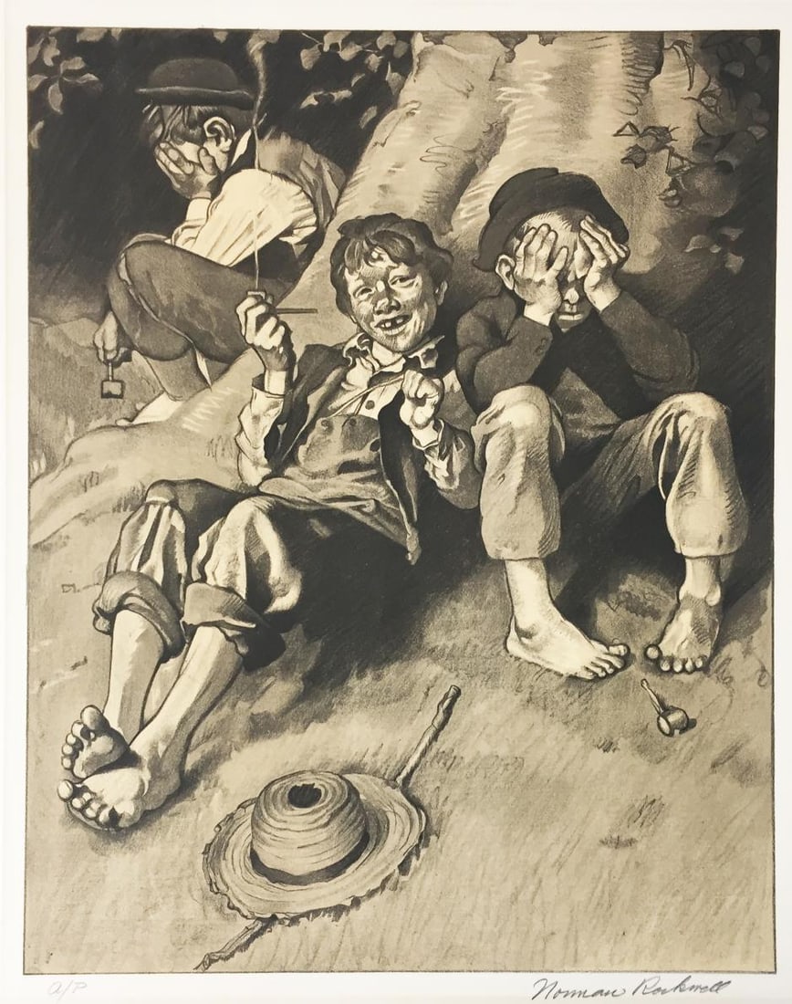 Norman Rockwell - First Smoke: Artist: Norman Rockwell Title: First Smoke Year: 1970 Dimensions: 25.5in. by 20in. Edition: Numbered from the rare limited of 200 Publisher: Mourlot Paris <