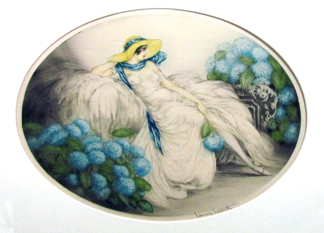 Louis Icart - Hydrangeas: Artist: Louis Icart Title: Hydrangeas Year: 1929 Dimensions: 17in. by 21.2in. Edition: Form the rare limited edition Medium: Original drypoint etching with hand coloring on paper Condition: Mint