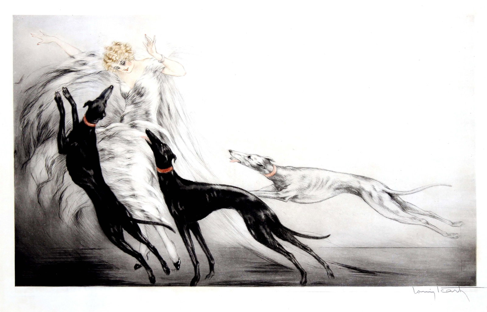 Louis Icart - Coursing II: Artist: Louis Icart Title: Coursing II Year: 1929 Dimensions: 15in. by 24.75in. Edition: From the rare limited edition Medium: Original drypoint etching with hand coloring on paper Condition: Mint