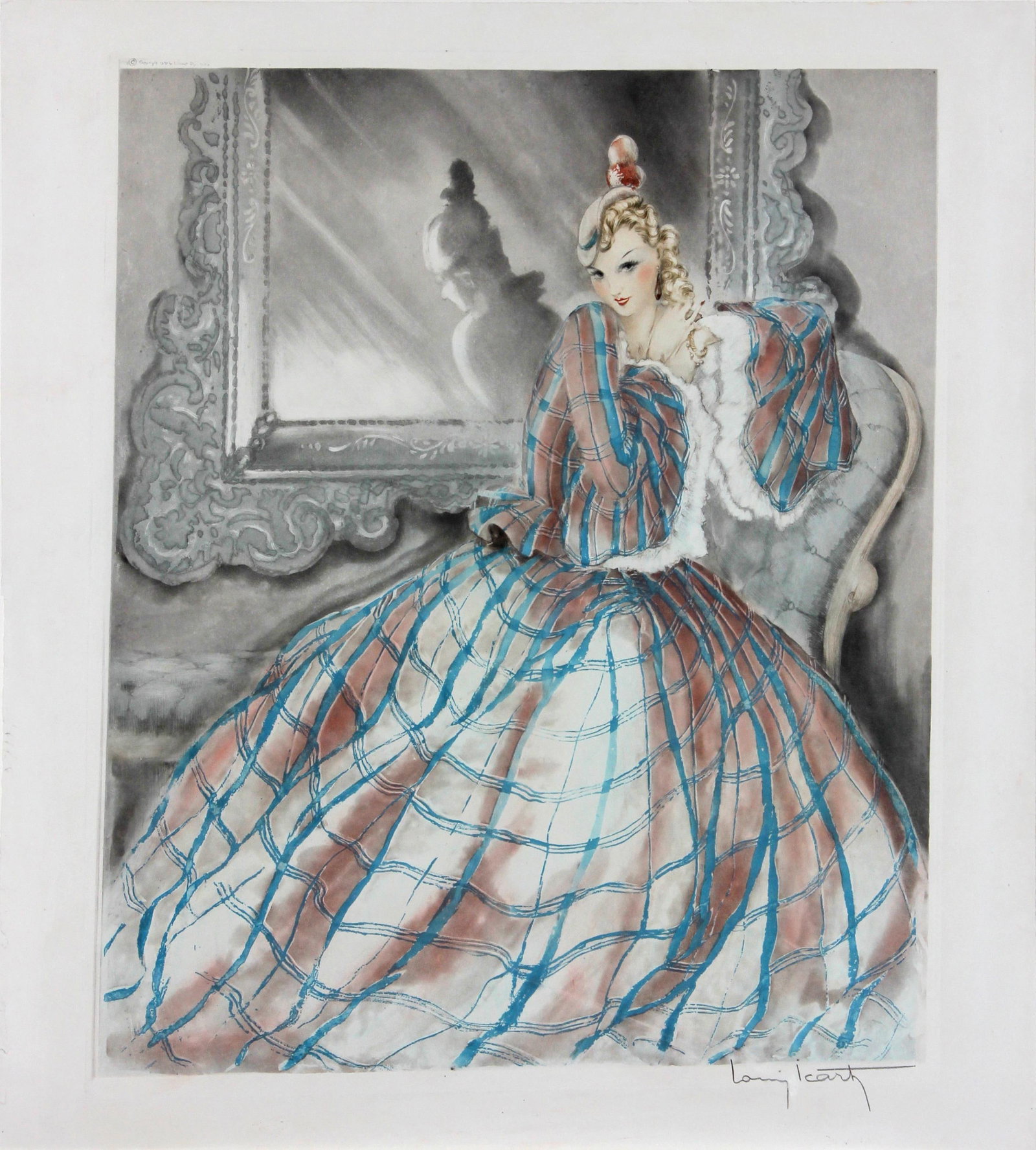 Louis Icart - Girl in Crinoline: Artist: Louis Icart Title: Girl in Crinoline Year: 1937 Dimensions: 24in. by 26.5in. Edition: Original or Unknown Medium: Etching and aquatint Condition: Excellent Signature Details: Hand signed