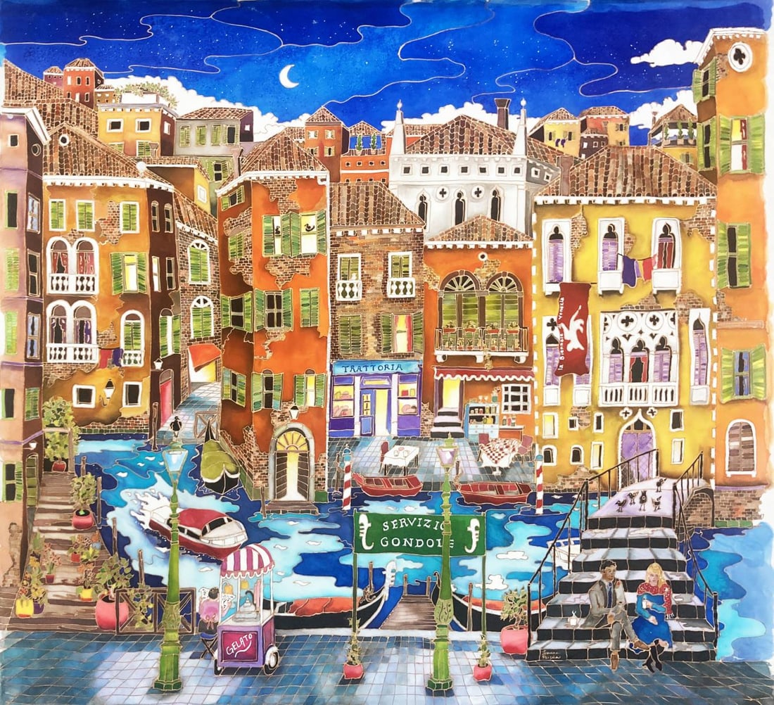Linnea Pergola - Untitled (Venice): Artist: Linnea Pergola Title: Untitled (Venice) Dimensions: 43in. by 50in. Edition: Unique one of a kind Medium: Original Silk Painting on Chinese Silk Condition: Excellent Signature Details: Hand