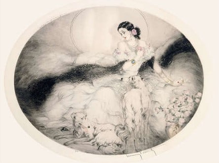 Louis Icart - Lady with Camellias: Artist: Louis Icart Title: Lady with Camellias Year: 1927 Dimensions: 23 3/8 x 19 1/4 in. Edition: From the rare limited edition Medium: Etching, Drypoint and Aquatint with hand-coloring on paper
