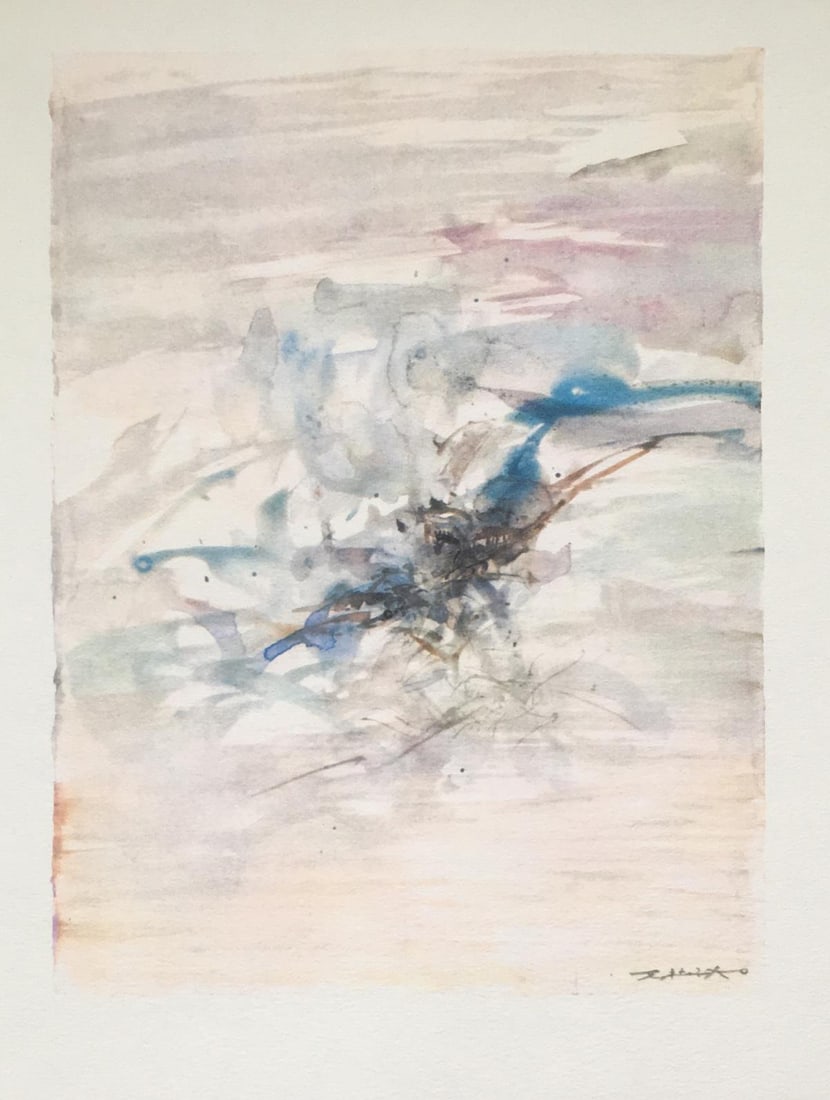 Zao Wou-Ki -Untitled Unpublished Watercolor VI: Artist: Zao Wou-Ki Title: Untitled Unpublished Watercolor VI Year: 1966 Dimensions: 9 3/4in. by 8 1/2in. Edition: From the Rare Limited Edition Publisher: Le Club Francais du Livre Paris Suite: