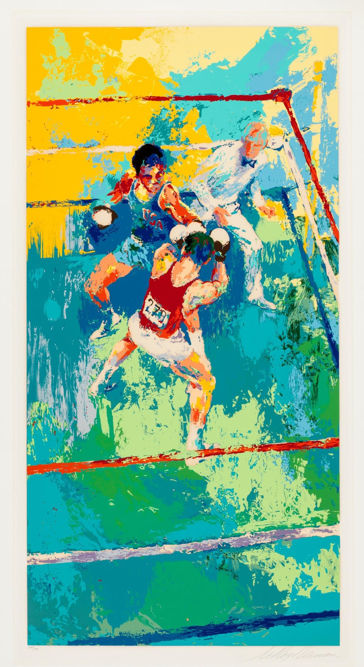 Leroy Neiman - Olympic Boxing Moscow 1980 (After): Artist: Leroy Neiman Title: Olympic Boxing Moscow 1980 Dimensions: 48in. by 27in. Edition: Numbered from the rare limited edition of 300 Medium: Serigraph on paper Signature Details: Hand-signed and