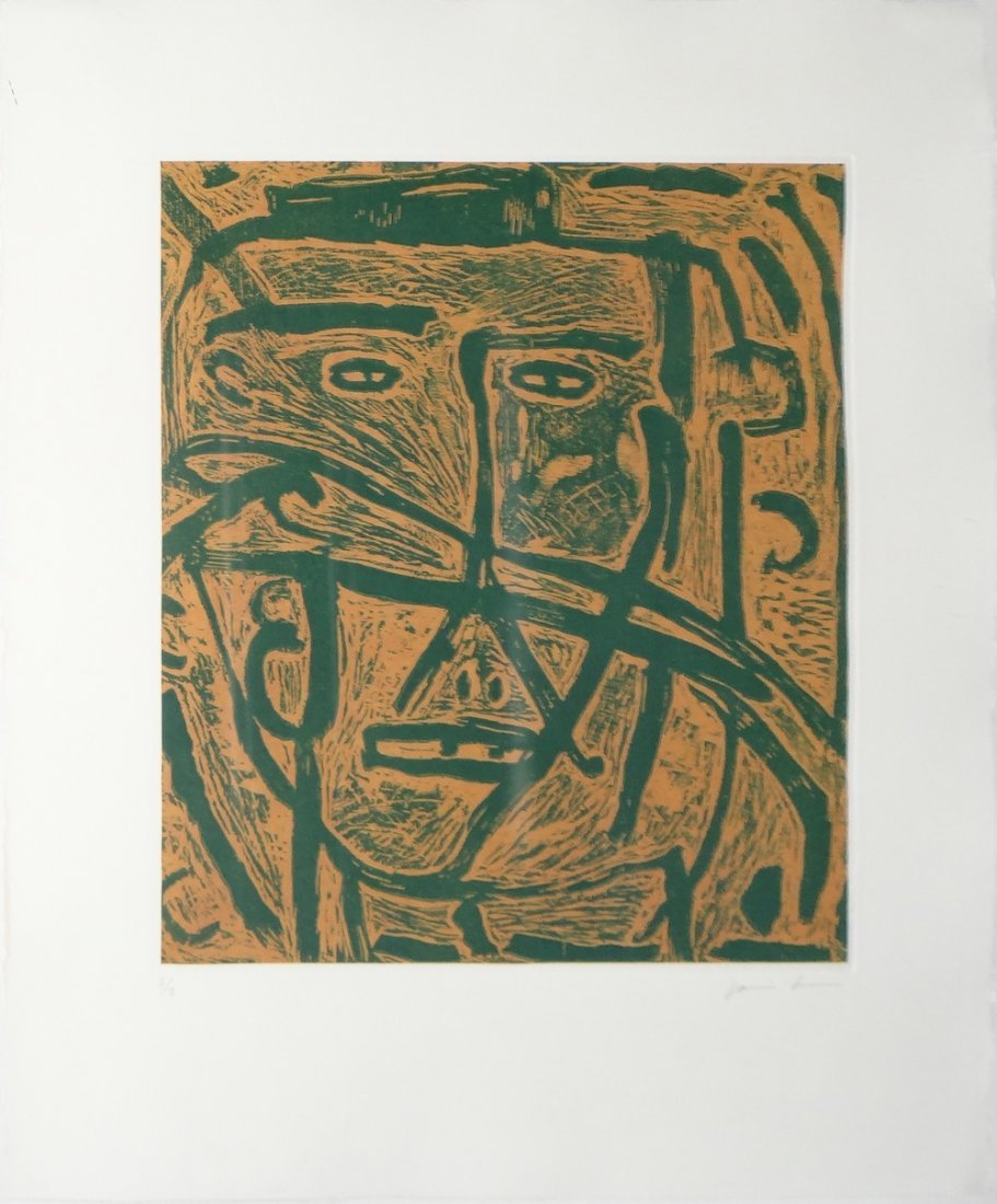 James Brown "Face" woodcut: Artist: James Brown Title: Untitled (Face) Medium: Original woodcut in colors Size: 26 1/2" x 22 1/4" Edition: 7 from the limited edition of 7 Signature: Hand signed in pen