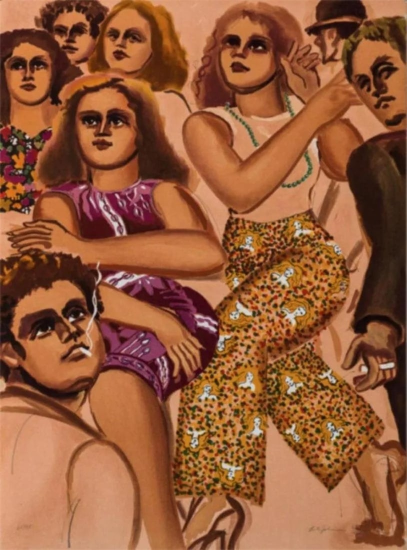 Lester Johnson - Group Scene Slacks: Artist: Lester Johnson Title: Group Scene Slacks Year: 1979 Dimensions: 29in. by 21in. Edition: From the Rare Limited Edition of 175 Medium: Lithograph in Colors Condition: Excellent Signature