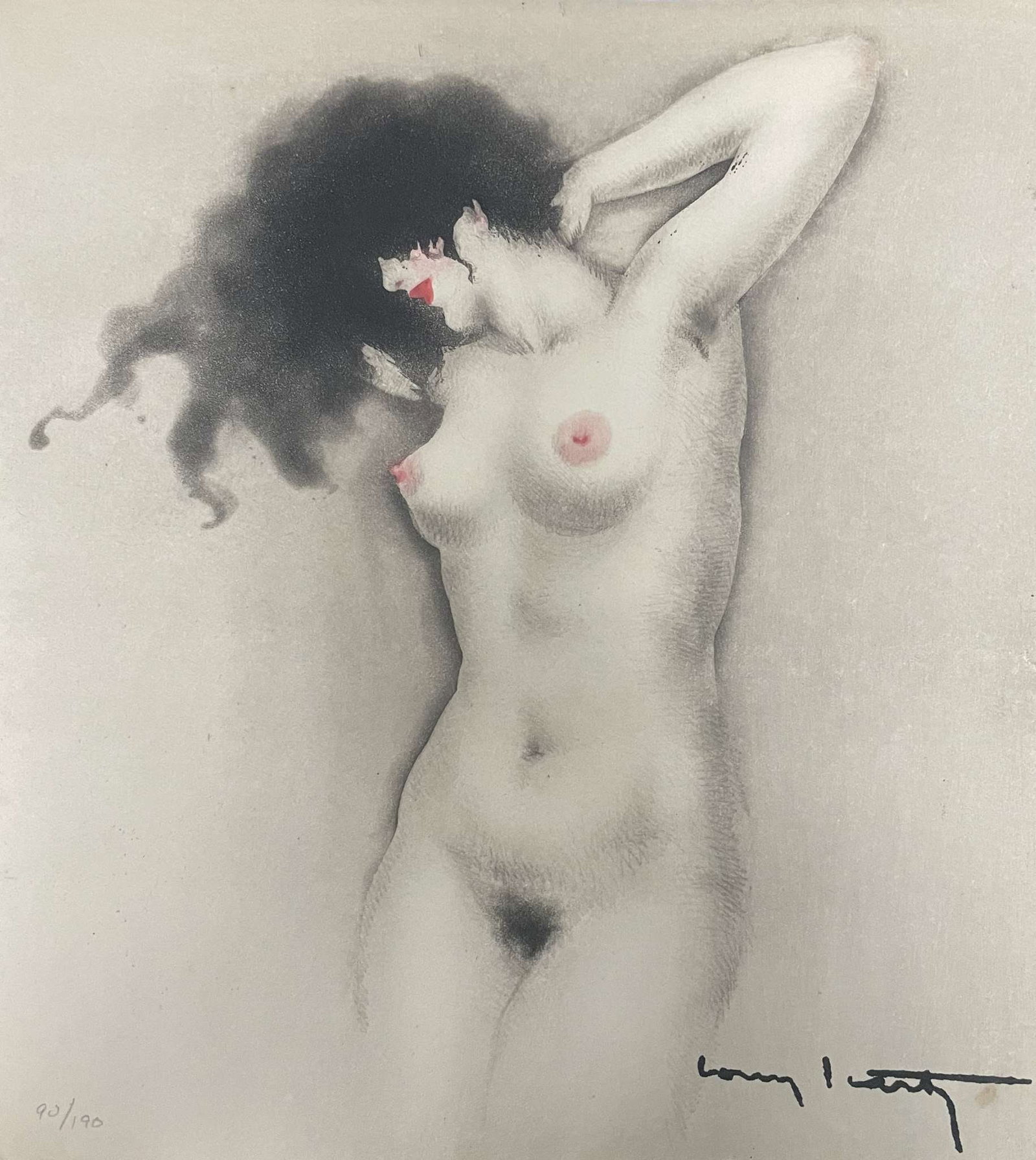 Louis Icart - Very Large Areola: Artist: Louis Icart Title: Very Large Areola Year: 1945 Edition: From the rare limited edition of 190 Suite: La Vie Des Seins Medium: Original gravure etching on paper with hand coloring Condition: