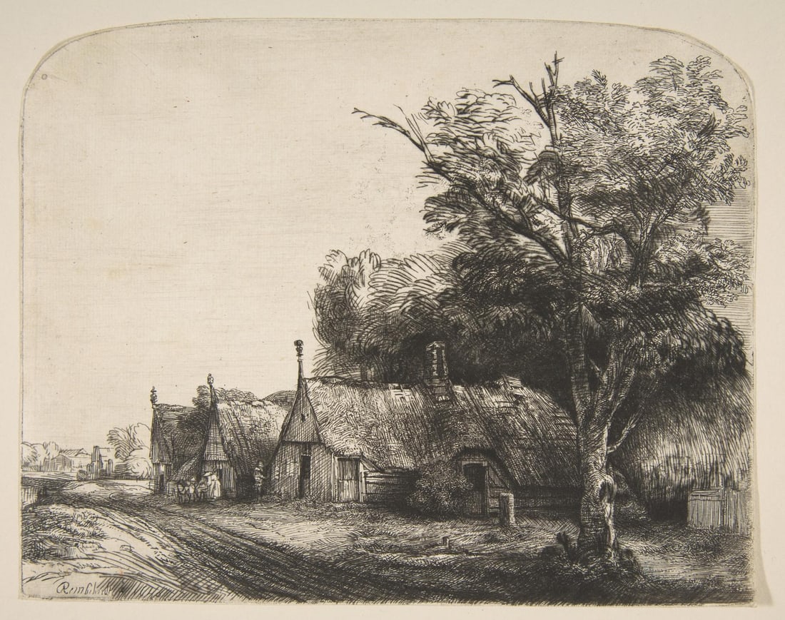 Rembrandt van Rijn (after) - The Three Cottages: Artist: Rembrandt van Rijn (after) Title: The Three Cottages Year: 1880 Dimensions: 8.5in. by 7in. Edition: From the rare limited edition of 500 Suite: The Work