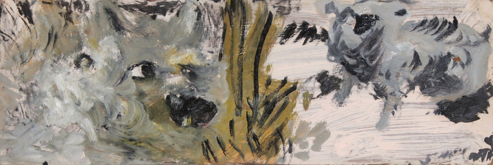 Justin McCarthy - Wolf and Sheep: Artist: Justin McCarthy Title: Wolf and Sheep Dimensions: 8in. by 23.75in. Edition: A unique and original work of art Medium: Original oil on wood Signature Details