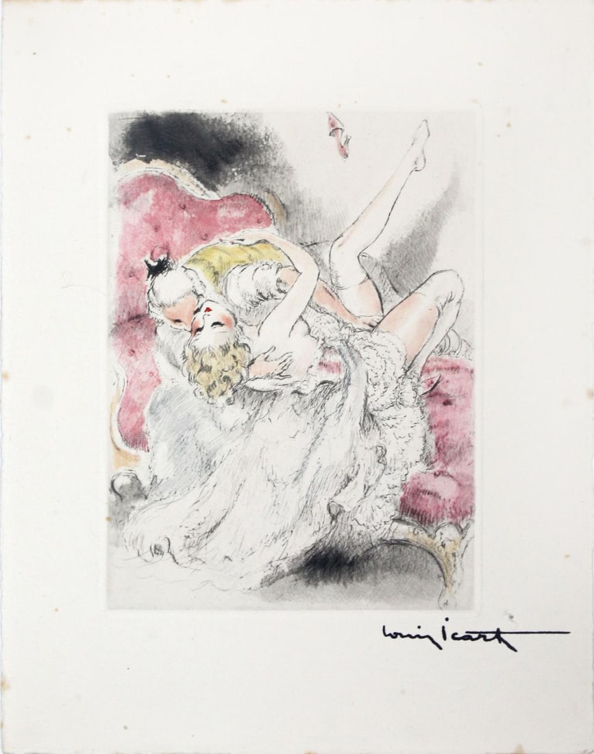 Louis Icart - Over Backwards: Artist: Louis Icart Title: Over Backwards Year: 1947 Dimensions: 11in. by 8.5in. Edition: From the rare limited edition of 500 Publisher: Georges Guillot Editeur: Paris