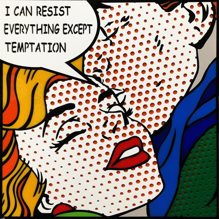 Mitch Mitchell AKA Mitch and the Machine - Except Temptation: Artist: Mitch Mitchell AKA Mitch and the Machine Title: Except Temptation Year: 2023 Dimensions: 16in. by 16in. Edition: From the Rare Limited Edition Medium: Layered Colored Cut Plexiglass