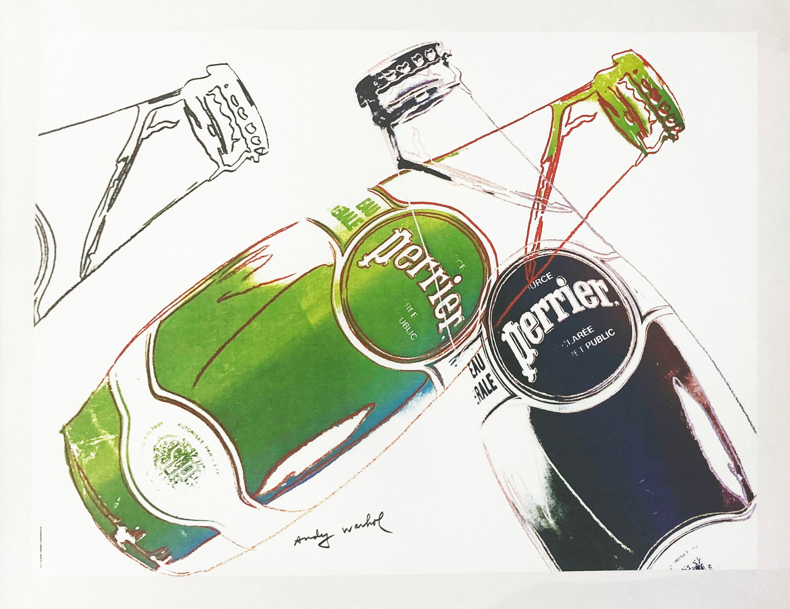 Andy Warhol - White Perrier Poster: Artist: Andy Warhol Title: White Perrier Poster Year: 1960s Dimensions: 20 1/2 x 27 in. Edition: From the rare limited edition Medium: Lithograph Condition: Excellent Signature Details: Signed in