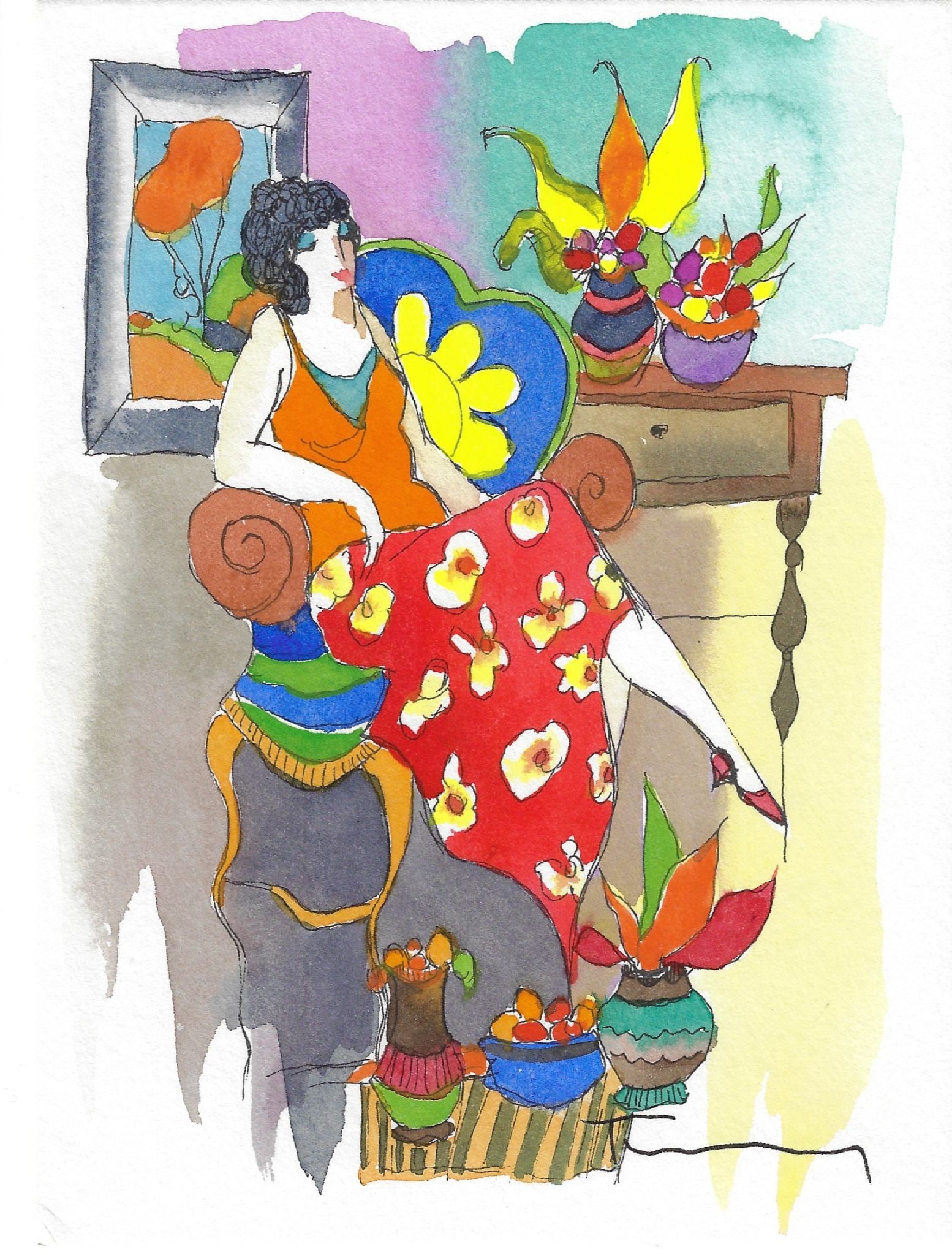 Itzchak Tarkay - Untitled: Artist: Itzchak Tarkay Title: Untitled Dimensions: 7 1/2 x 5 1/2 in. Edition: Original work of art Medium: Mixed media with watercolor on wove paper Condition:
