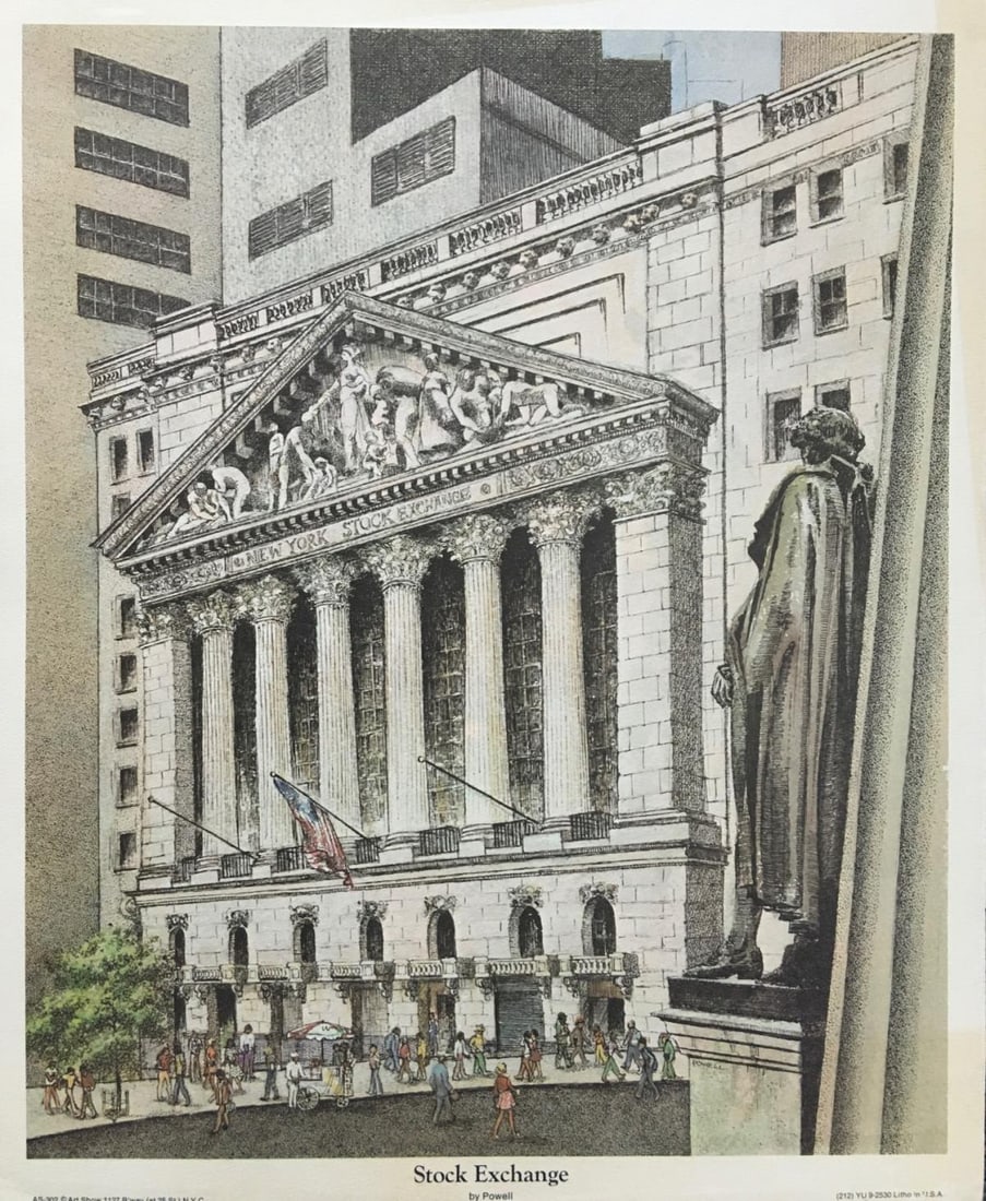 Powell - Stock Exchange (Vintage Poster): Artist: Powell Title: Stock Exchange (Vintage Poster) Dimensions: 14 1/4in. by 17 1/2in. Edition: From the Rare Limited Edition Publisher: Art Show New York Medium: Lithograph on Paper Comes with