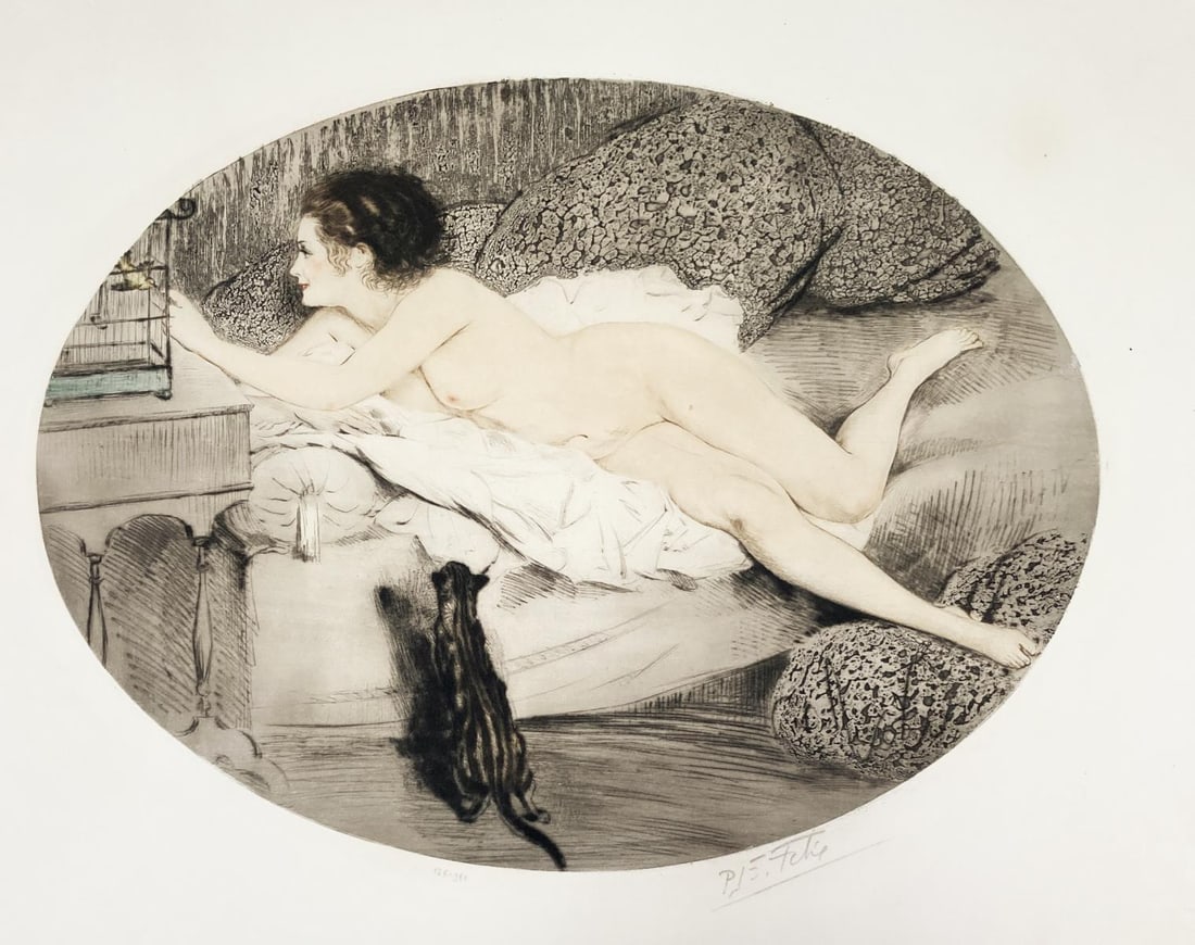 Felix - Woman Reclining with Cat: Artist: Phelix Title: Woman Reclining with Cat Year: 1920s Dimensions: 17in. by 21in. Edition: From the rare limited edition Medium: Original drypoint etching with hand coloring on paper Condition: