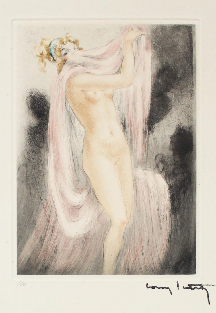 Louis Icart - Nude Robe: Artist: Louis Icart Title: Nude Robe Year: 1949 Dimensions: 13in. by 10in. Edition: From the rare limited edition of 150 Publisher: Editions de la Cite Suite: Les Amours de Psyche et de Cupidon