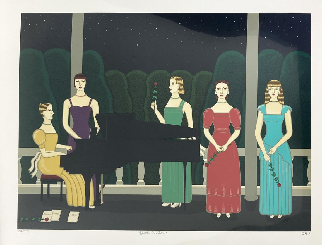 Shigeo Okumura - Five Sisters: Artist: Shigeo Okumura Title: Five Sisters Dimensions: 30in. by 22in. Edition: From the rare limited edition of 250 Medium: Color serigraph on paper Condition: Excellent Signature Details: Hand