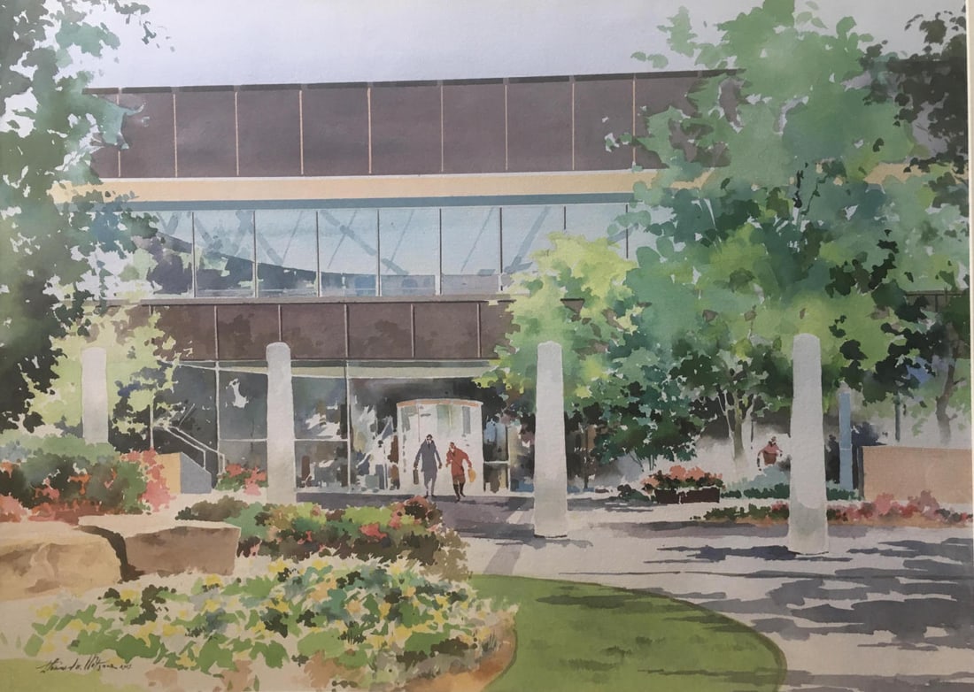 Howard Watson - Original Watercolor Newtown Square: Artist: Howard Watson Title: Main Entrance Newtown Square Dimensions: 21 1/4in. by 29 1/2in. Edition: A rare unique one of a kind work of art Medium: Original watercolor on pa