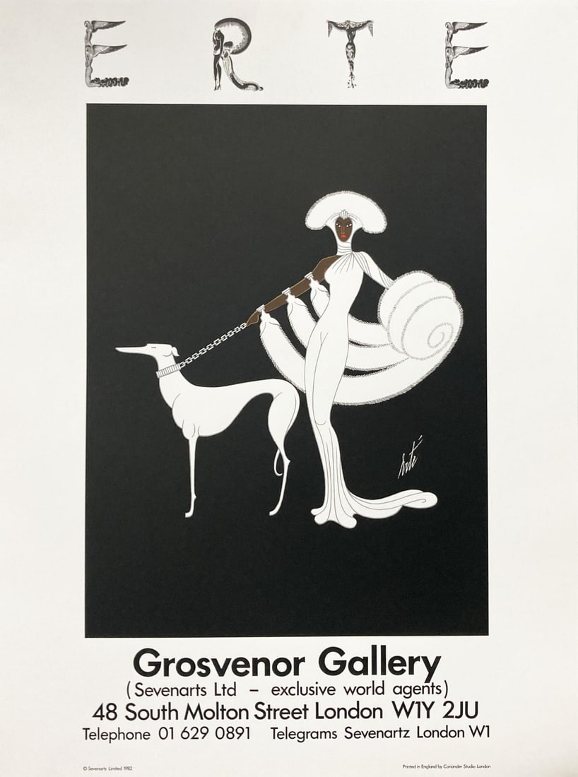 Erte - Ebony in White Gallery Exhibition Poster: Artist: Erte Title: Ebony in White Gallery Exhibition Poster Year: 1982 Dimensions: 32in. by 24in. Edition: From the rare limited edition Condition: Excellent Signature Details: Signed in plate Comes