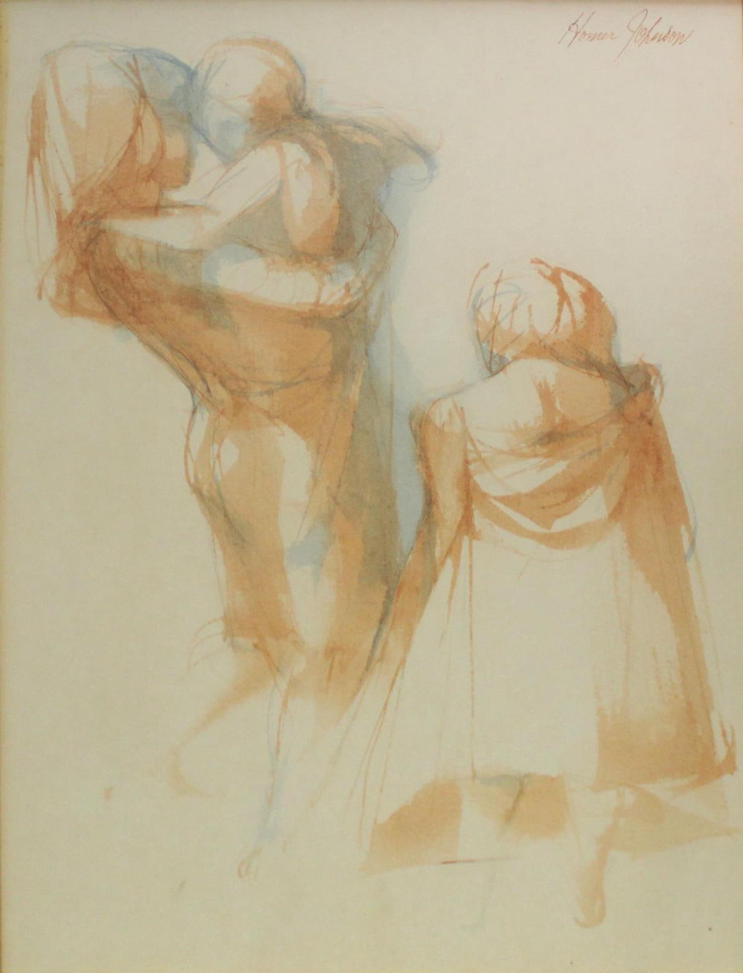 Homer Johnson - Two Figures and Baby: Artist: Homer Johnson Title: Two Figures and Baby Dimensions: 20in. by 15in. Edition: Unique One of a Kind Artwork Medium: Original Watercolor on Paper Condition: Excellent Signature Details: Hand