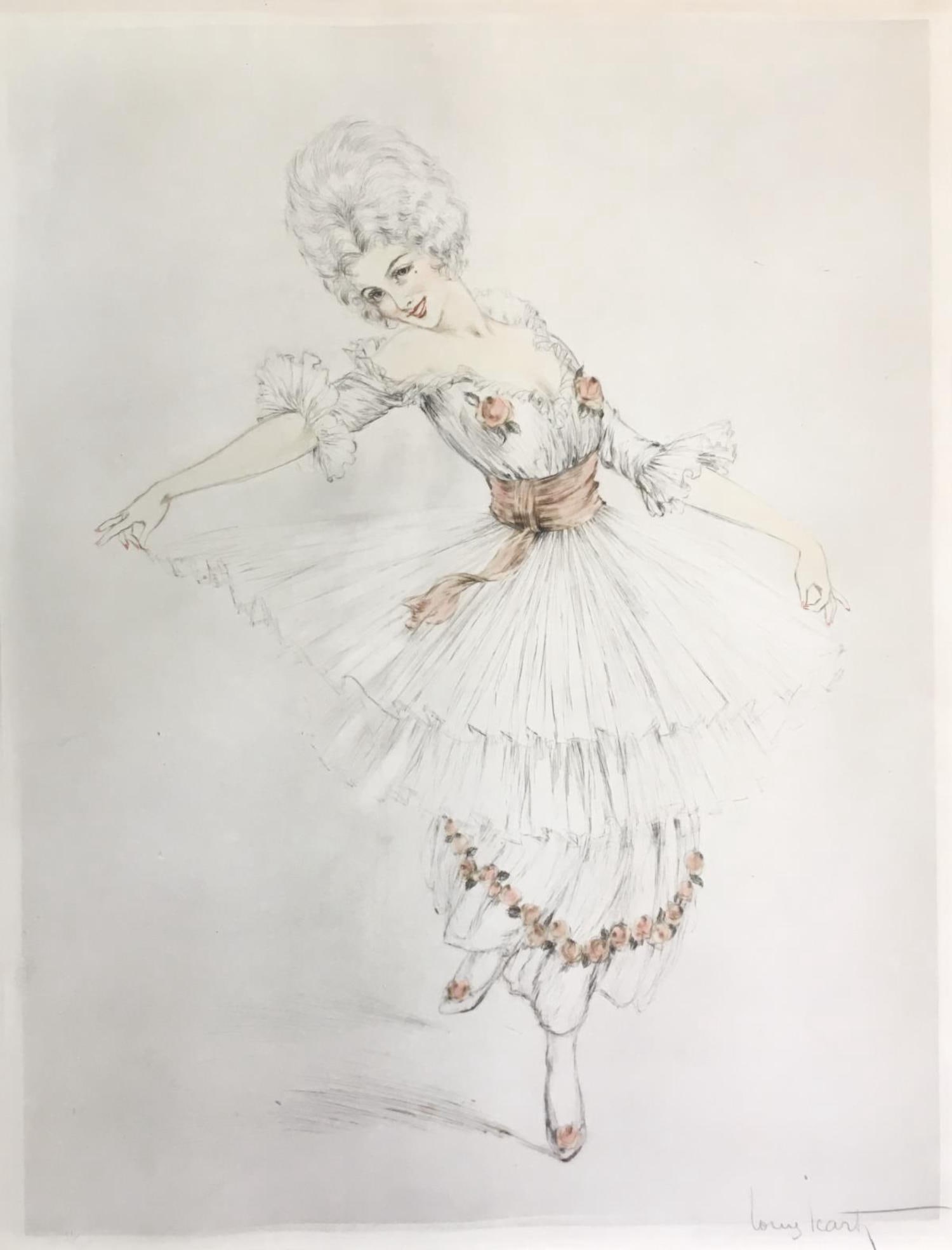 Louis Icart - Gavotte: Artist: Louis Icart Title: Gavotte Year: 1919 Dimensions: 21 1/2in. by 16 3/8in. Edition: From the very rare limited edition Medium: Original drypoint etching with hand water color on paper Signature