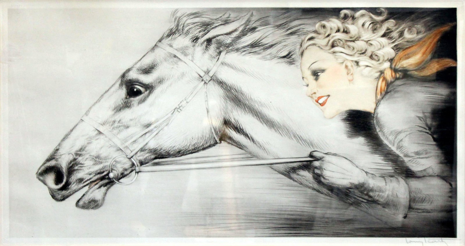 Louis Icart - Thoroughbreds: Artist: Louis Icart Title: Thoroughbreds Year: 1939 Dimensions: 17.75in. by 34.25in. Edition: From the rare limited edition Medium: Original drypoint etching with hand coloring on paper Condition: